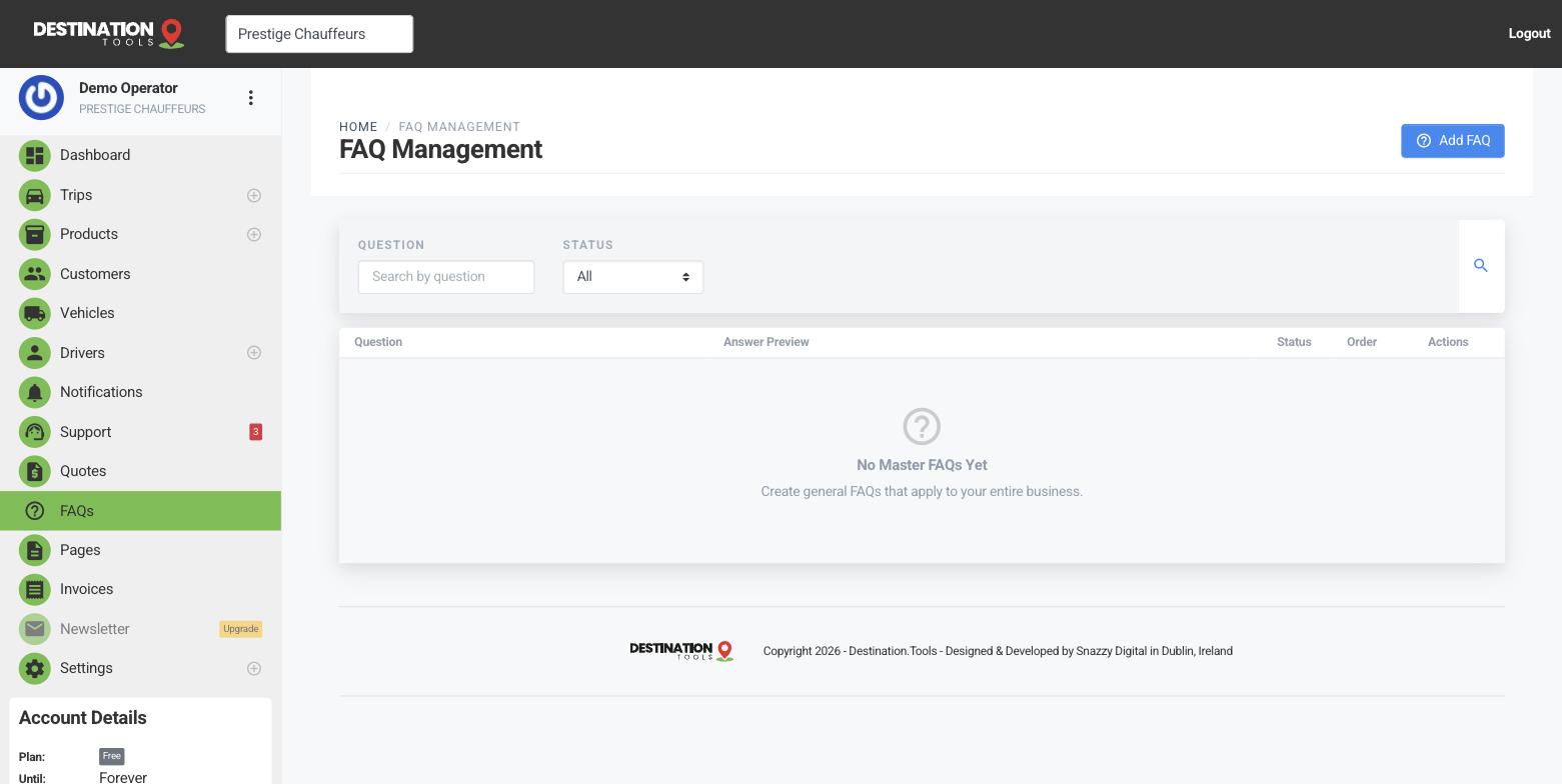 The FAQ Management page listing questions and answers shown on the booking page.