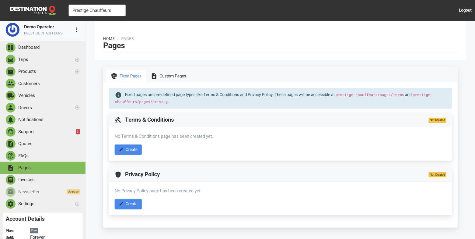 The Pages editor showing the Terms and Privacy content for the booking site.