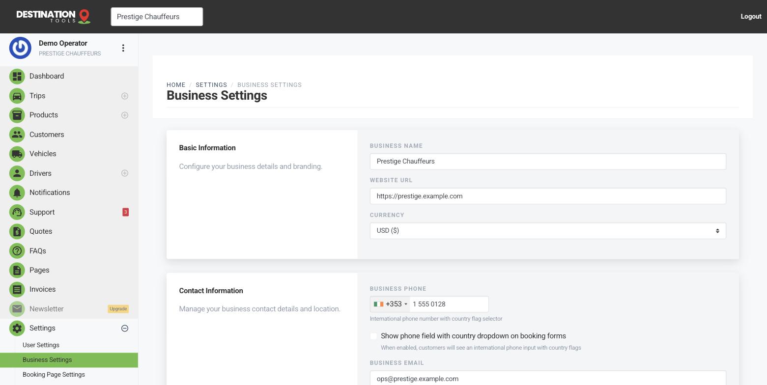 The Business Settings form with company name, logo, contact details and address fields.