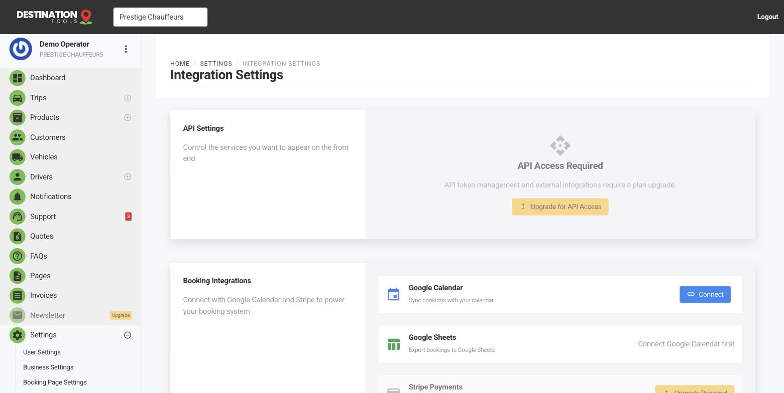 The Integration Settings page showing the Google Sheets connection.