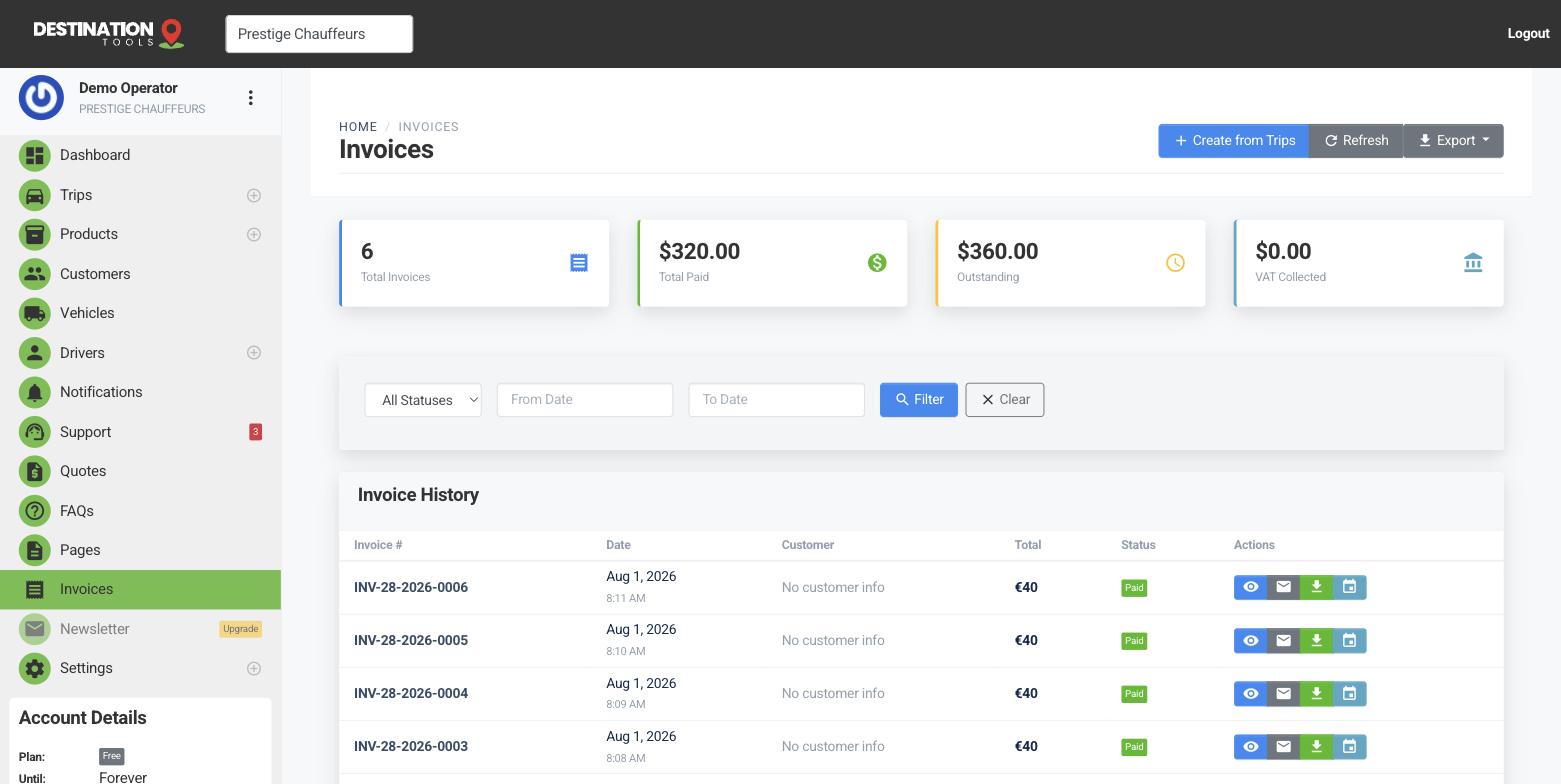 The Invoice history list where a payment can be recorded against an invoice.