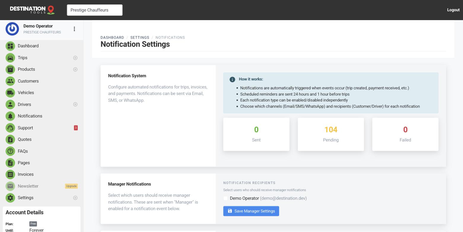 The Notification Settings page where driver alerts are enabled.