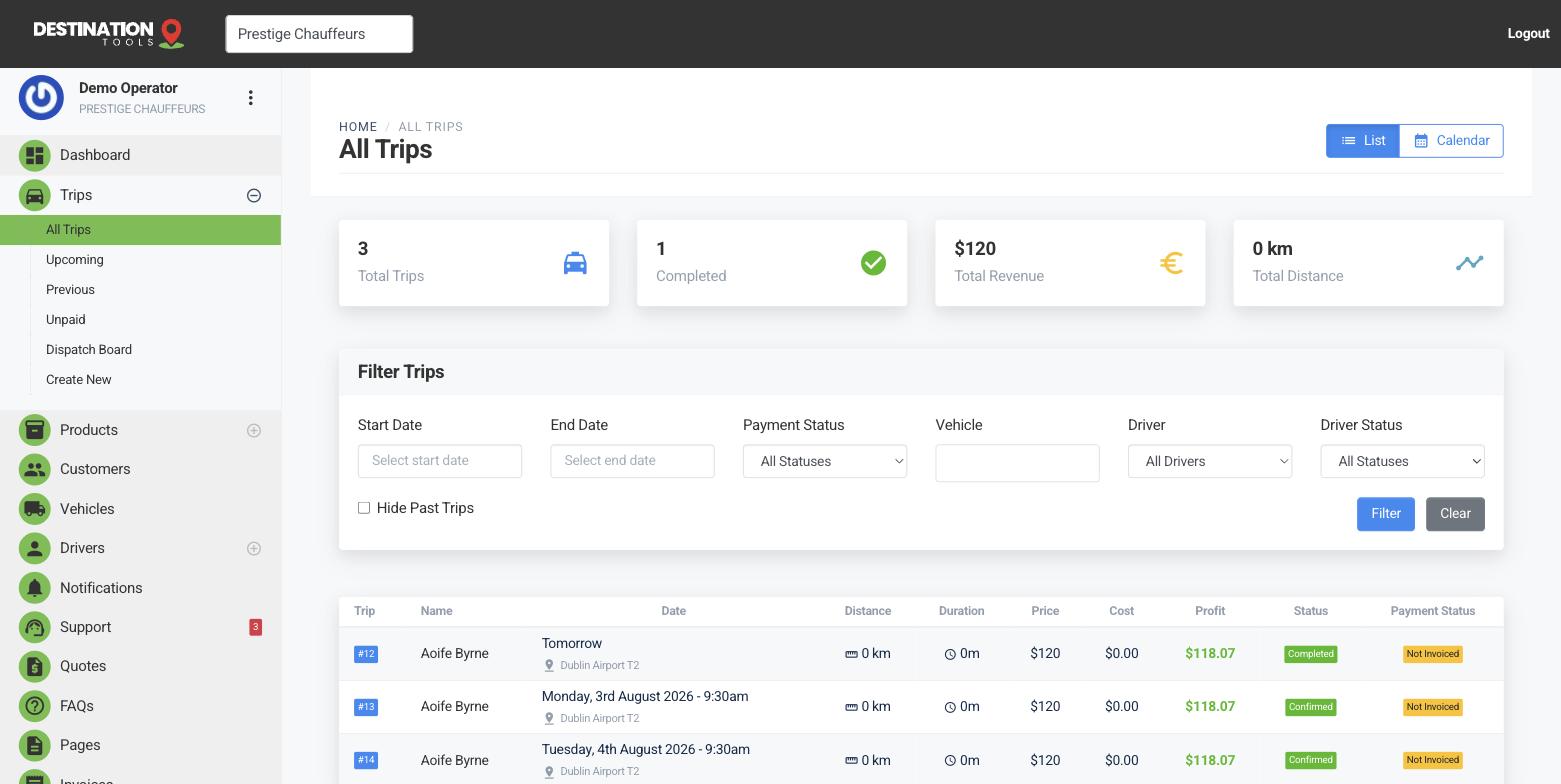 The All Trips list showing trips with date, distance, price, status and payment status.