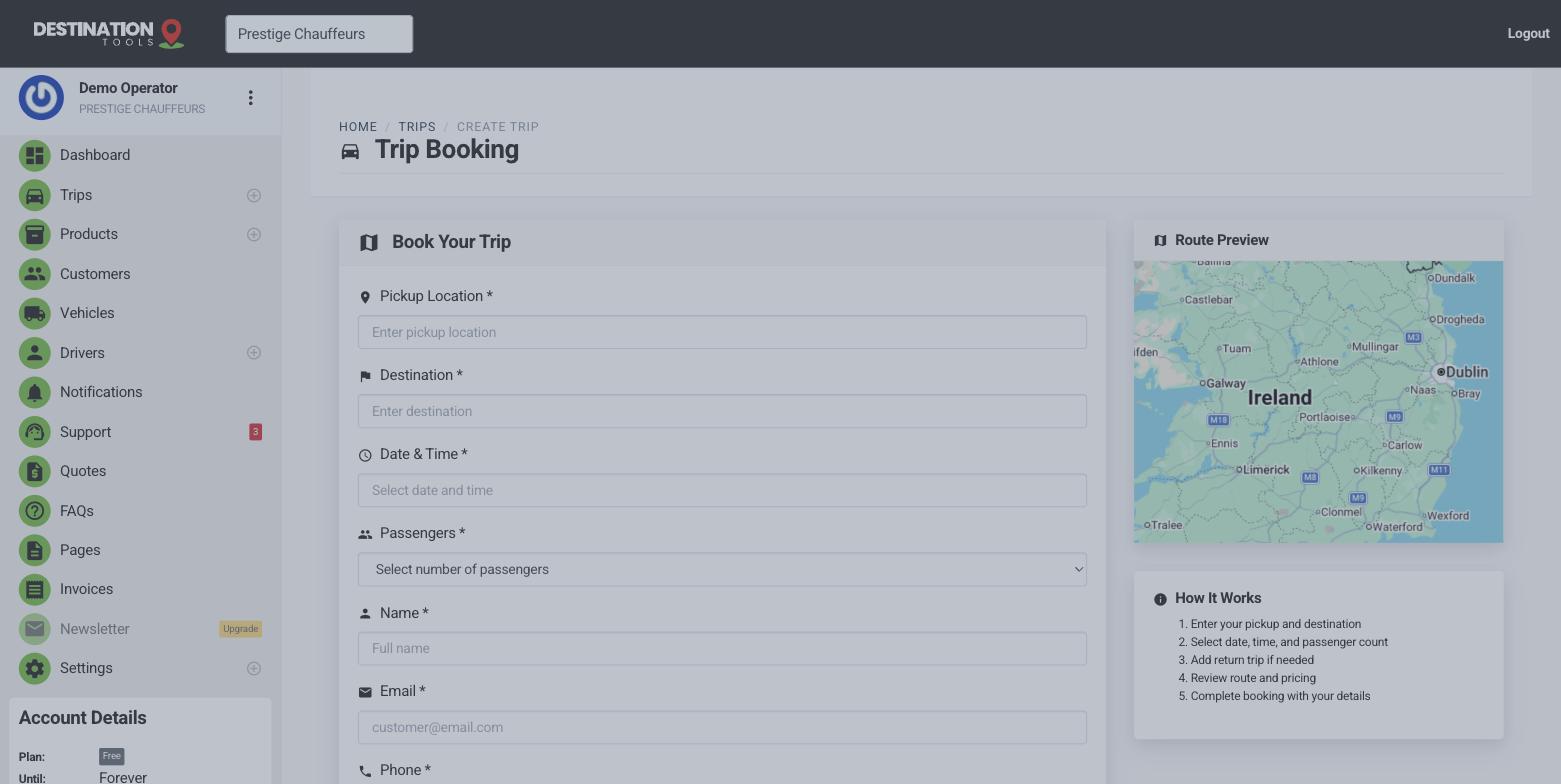 The New Trip form with additional stops added along the route on the map.
